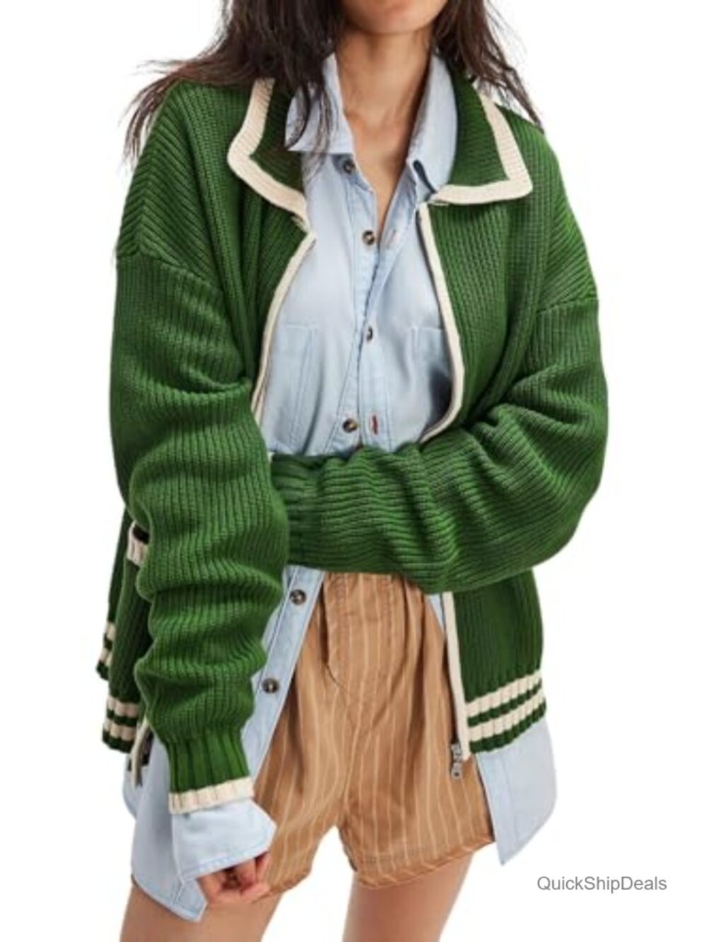 Knit Zip Up Cardigan Sweater Contrast Trim Women's Casual Fall Outfit